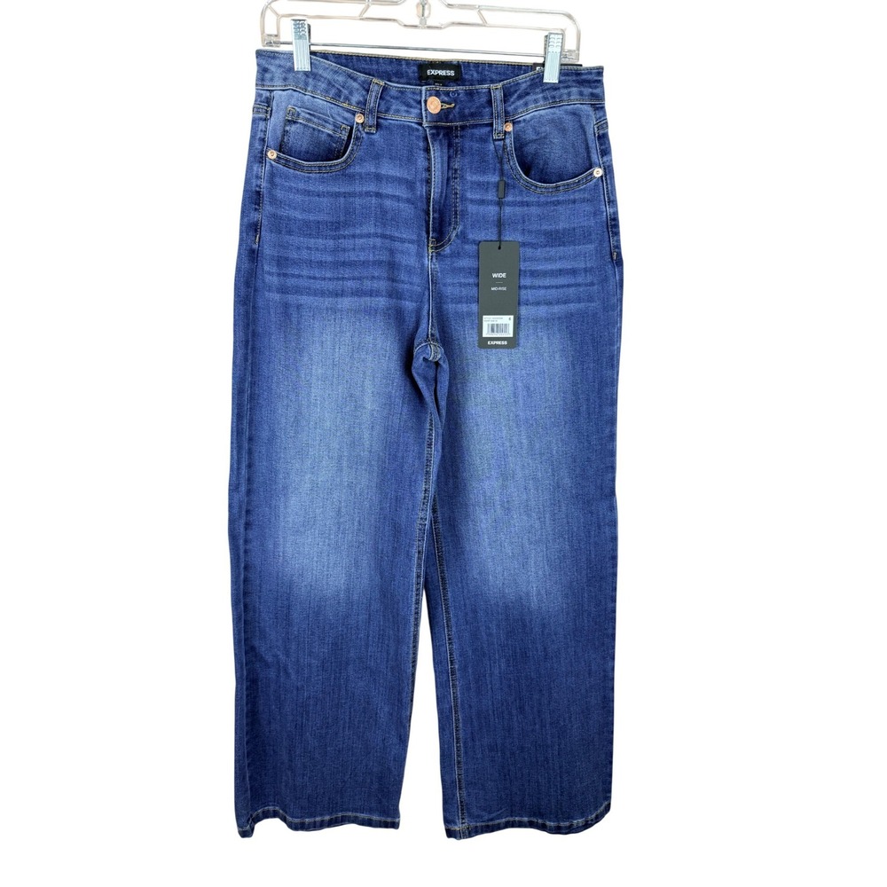 Express Women Medium Wash Wide Leg Mid Rise Stretch Denim Jeans Size 6 NEW